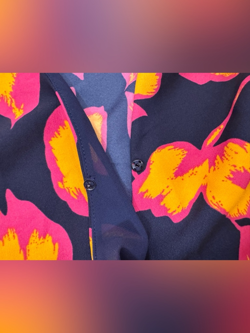 🏵️ Allison Joy Floral Wrap Top, Navy Pink & Orange V-Neck Tie Blouse, size M - Picture 8 of 10
